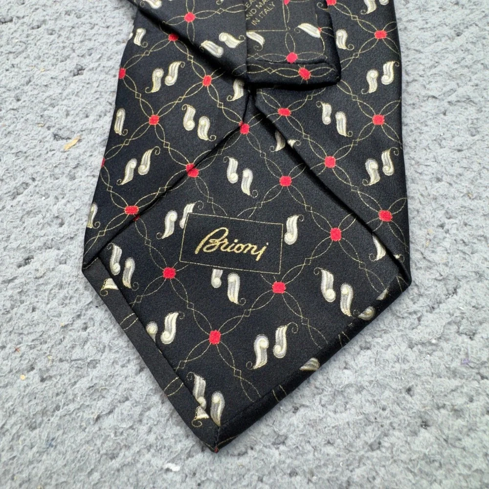 Brioni Tie Black Paisley Neat Geometric Trellis Silk Italy Luxury Designer